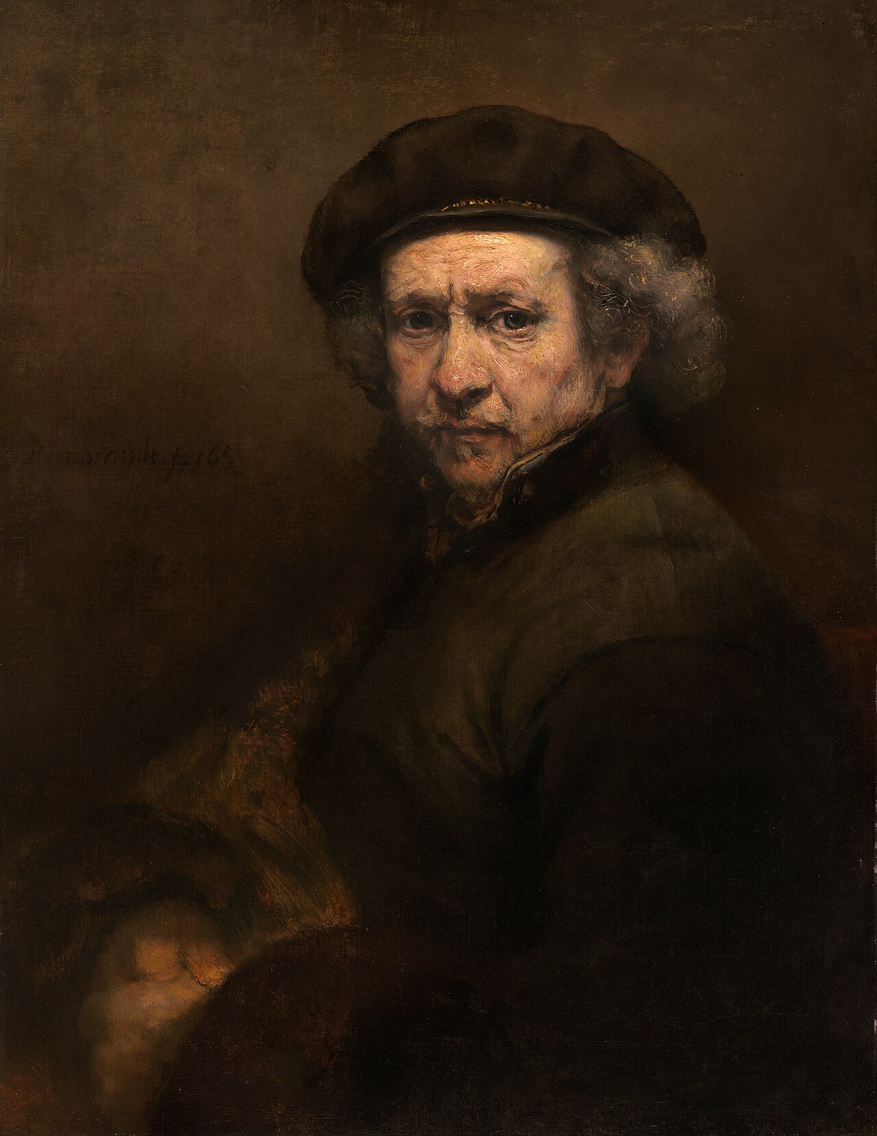 Painted self-portrait of Rembrandt as an older man in a dark cap and coat, his face lit against a dark background