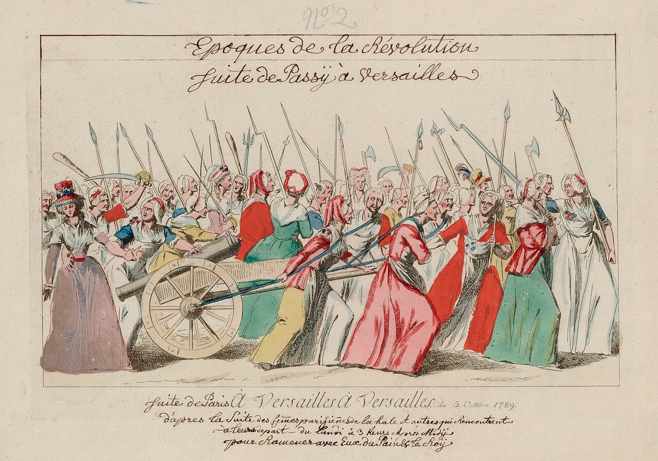 Hand-colored print of a crowd of women in long dresses and bonnets, armed with pikes and axes, hauling a cannon on wheels