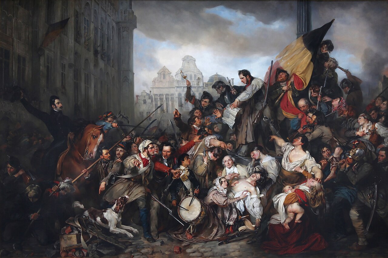 Painting of a crowd of men and women gathered around a tattered black, yellow, and red flag in a Brussels square, with a rider on horseback among them